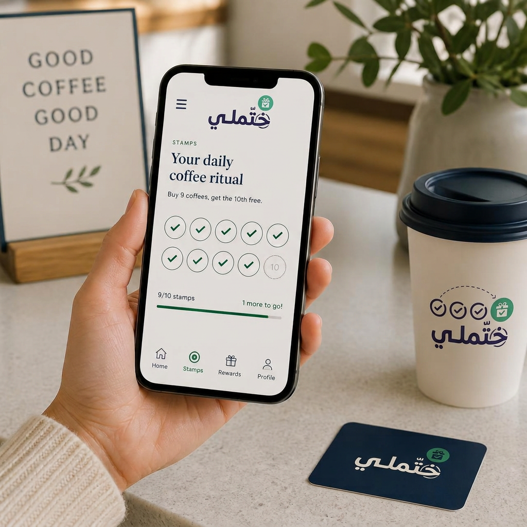 بطاقة ولاء رقمية معروضة على جوال داخل مقهى